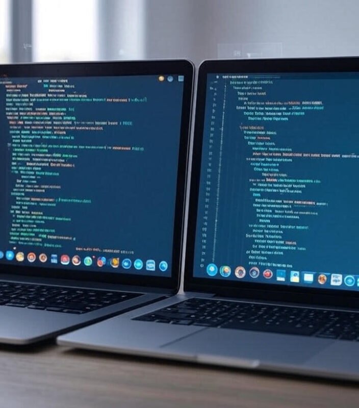 Two laptops on a desk displaying code, one with a Java snippet for Selenium and the other with a JavaScript snippet for Playwright, with browser icons and a digital grid in the background, set against a blue-green palette.